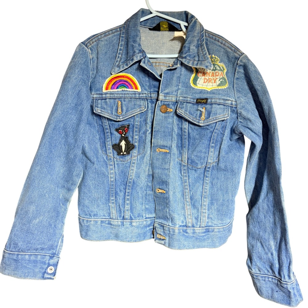 Vintage Wrangler Kids Denim Jacket Blue Patches Rainbow Canada Dry Made in USA